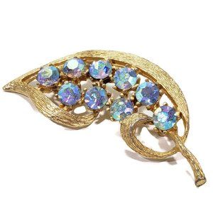 Aurora Borealis Rhinestone Leaf Brooch Gold Tone